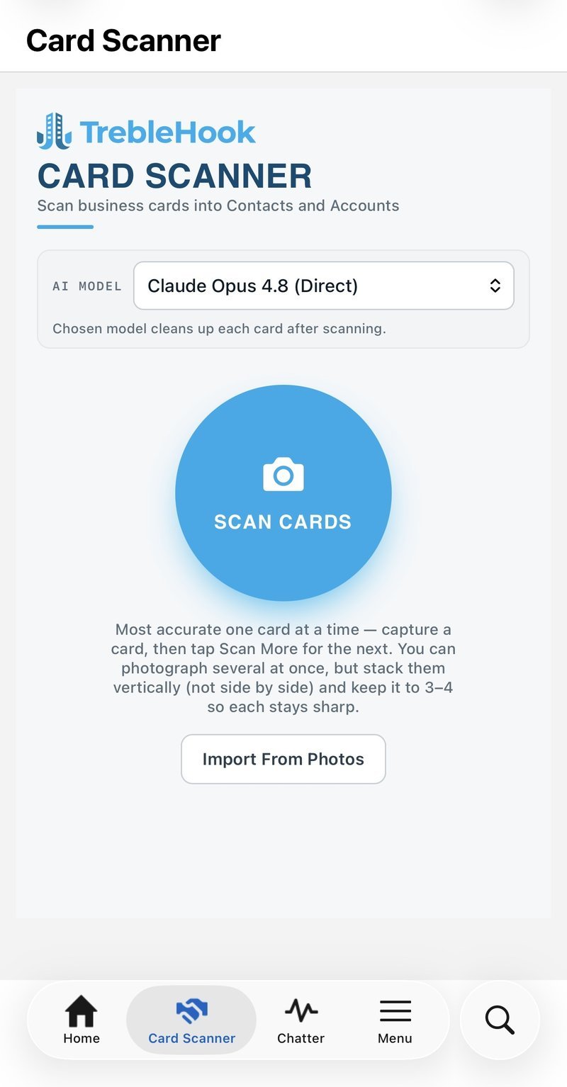 The Card Scanner home screen in the Salesforce mobile app: AI model picker, a big Scan Cards button, and usage guidance.