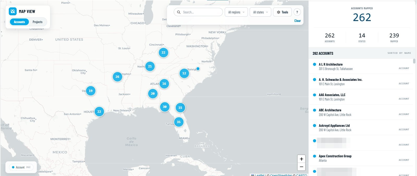 Hundreds of account pins gathered into numbered clusters across the map, with the account list beside it.