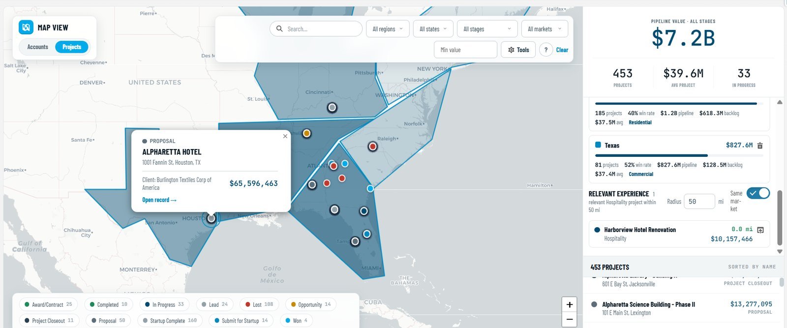 The rebuilt branded map: shaded territories with live scorecards for win rate, pipeline, and backlog, a project popup, and the relevant-experience radius panel.