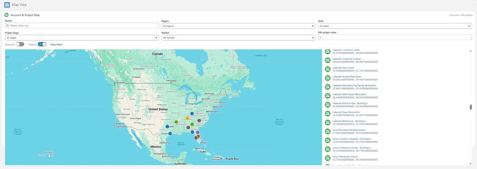 The first version of the map on the standard Salesforce component: Google basemap, colored pins, and a side list showing raw latitude and longitude coordinates.